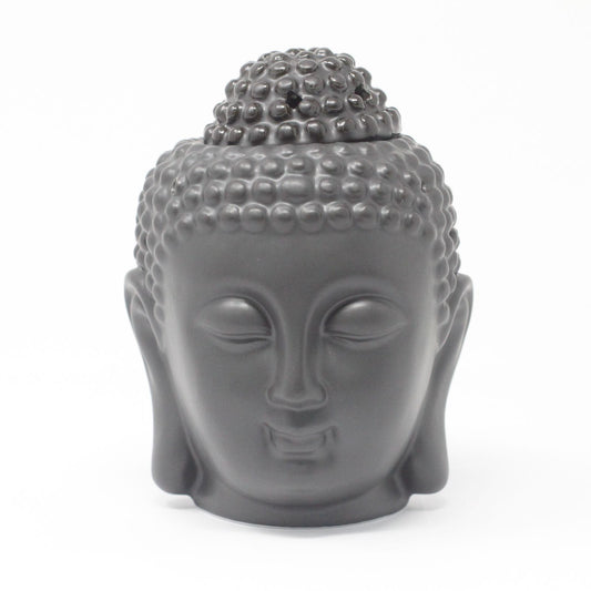 Dark brown ceramic Buddha head oil burner with decorative carvings and a gloss finish.
