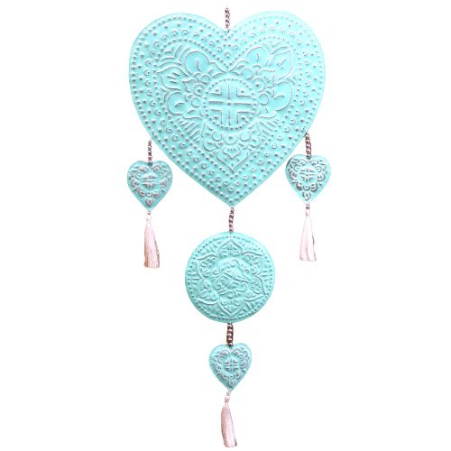 Colourful hanging mobile featuring multiple heart shapes made from embossed aluminium in vibrant shades.