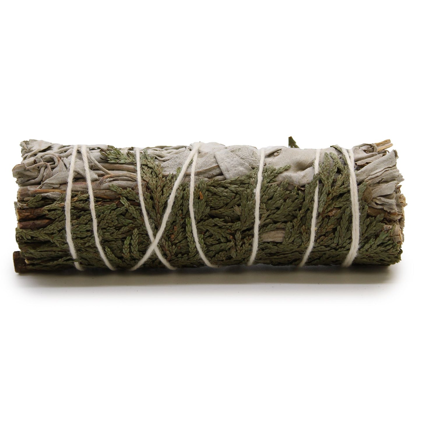 A 10cm smudge stick bundle made of dried white sage leaves and cedar sprigs tied with natural string.