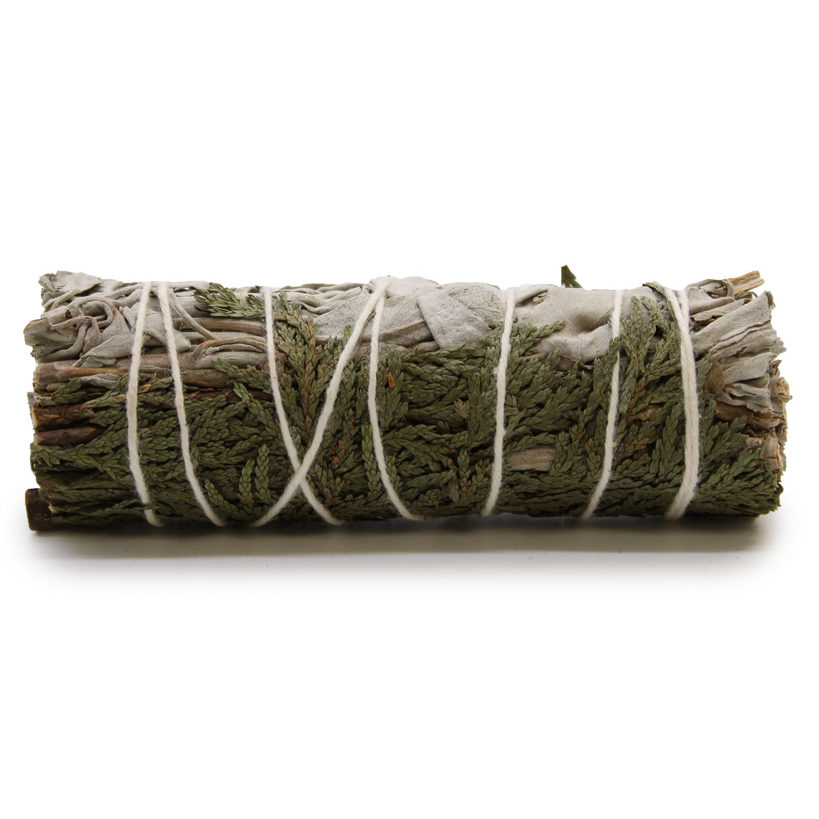 A 10cm smudge stick bundle made of dried white sage leaves and cedar sprigs tied with natural string.