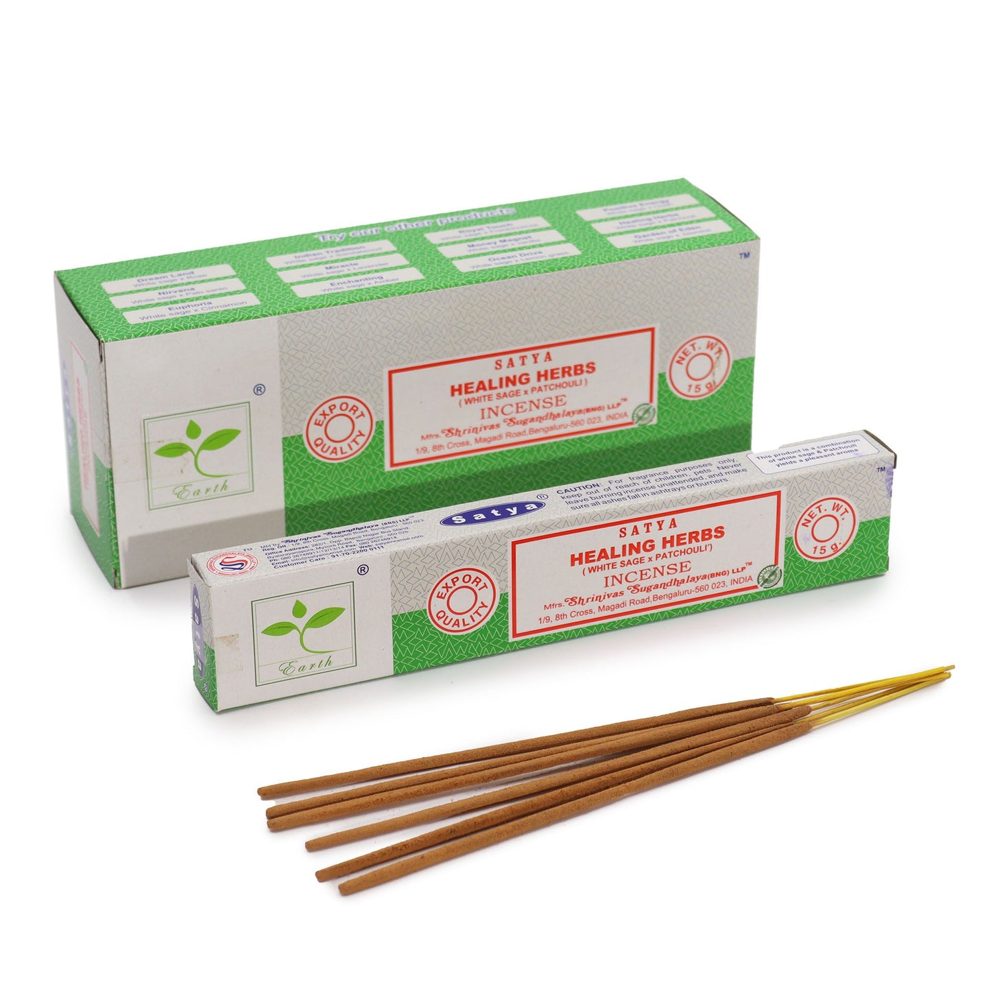 Hand-rolled incense sticks with white sage and patchouli herbs in a 15g pack on a neutral background.