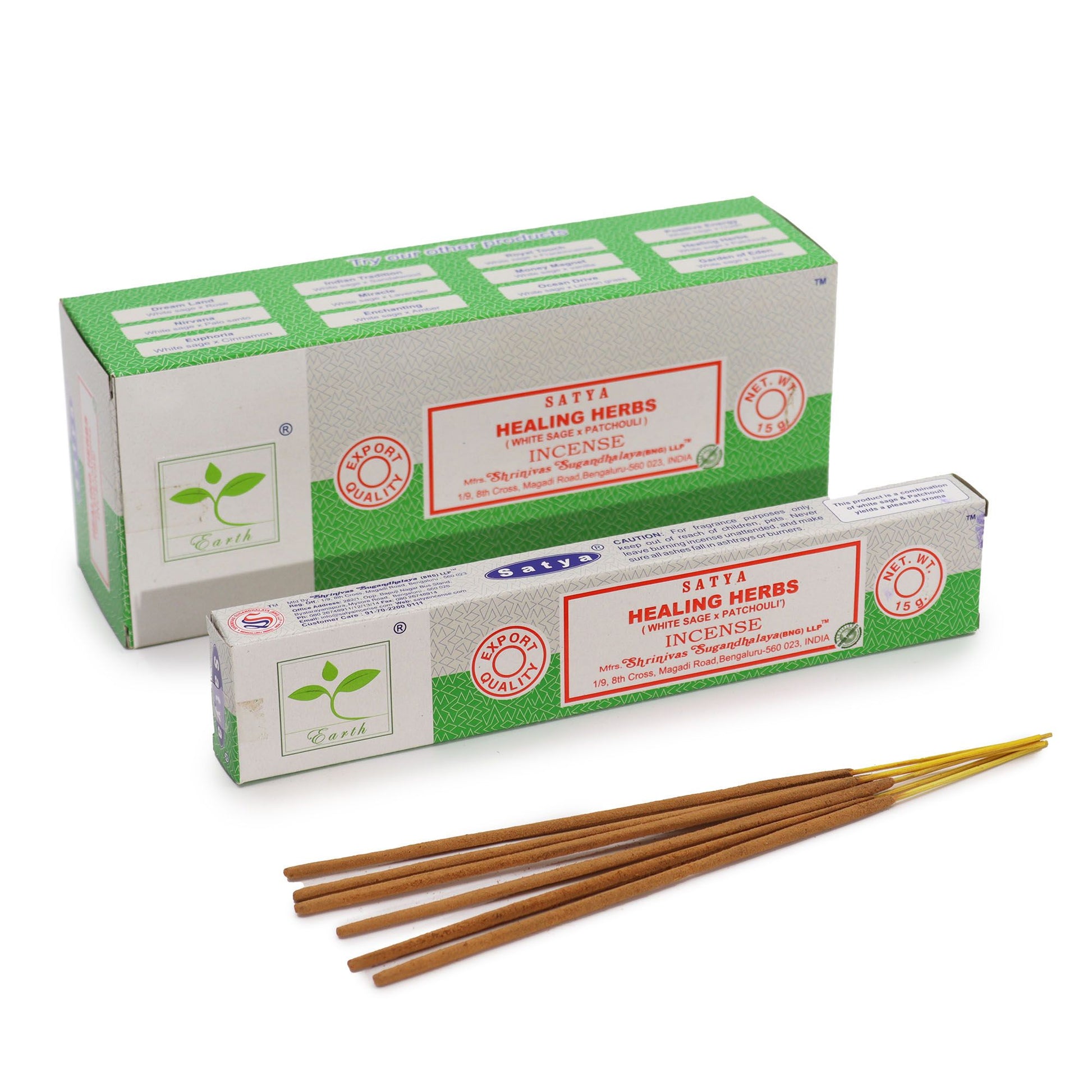Hand-rolled incense sticks with white sage and patchouli herbs in a 15g pack on a neutral background.