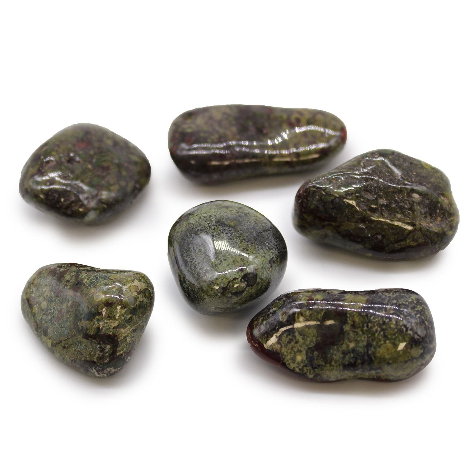 Large smooth tumbled Dragon Stones with unique earthy patterns of green, red, and brown.