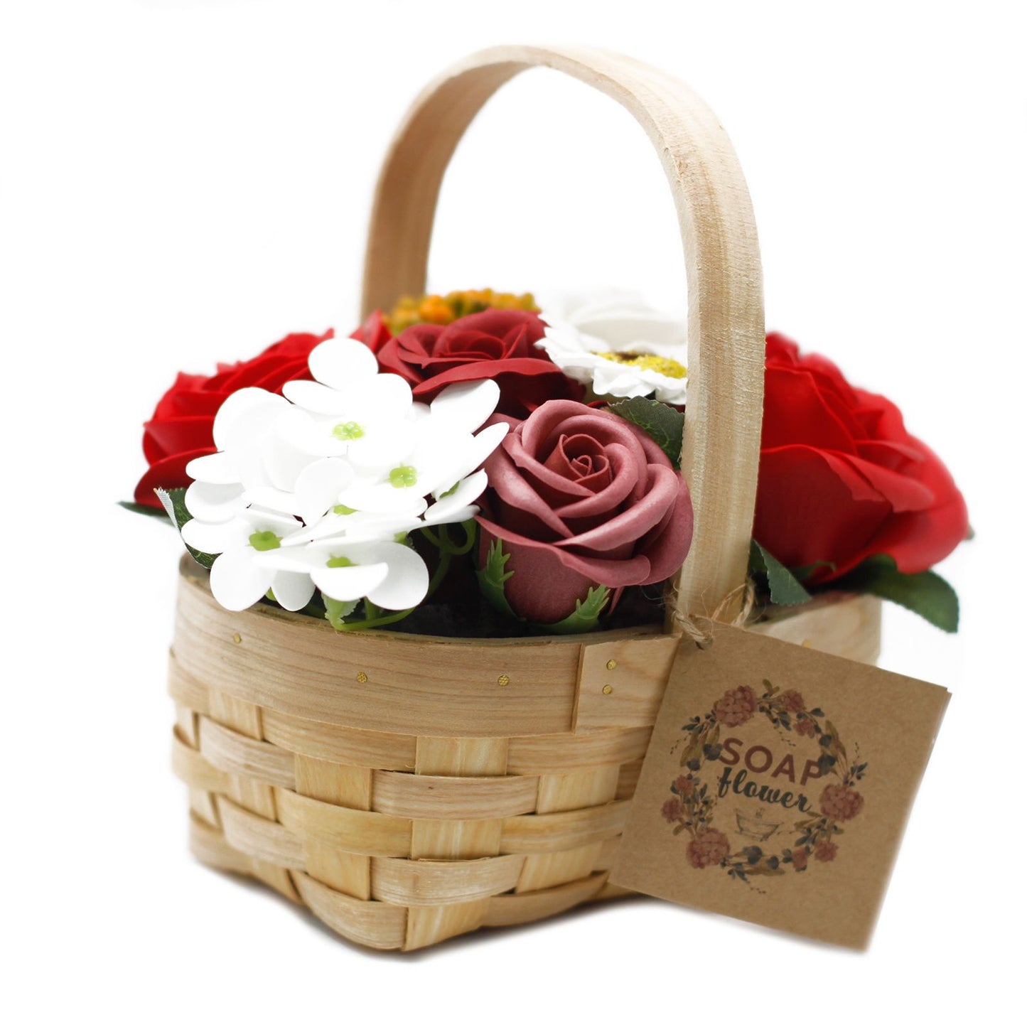 A realistic medium red soap flower bouquet with roses, hyacinths, and a sunflower presented in a rustic wicker basket.