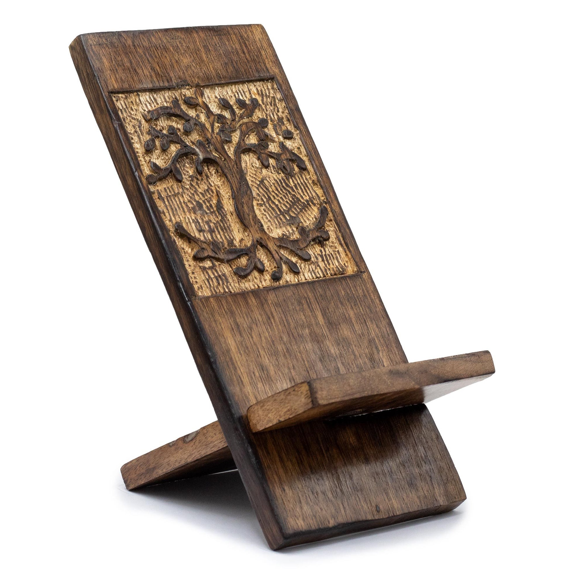 Hand-carved mango wood phone stand featuring a circular Tree of Life design with intricate branch and root details.