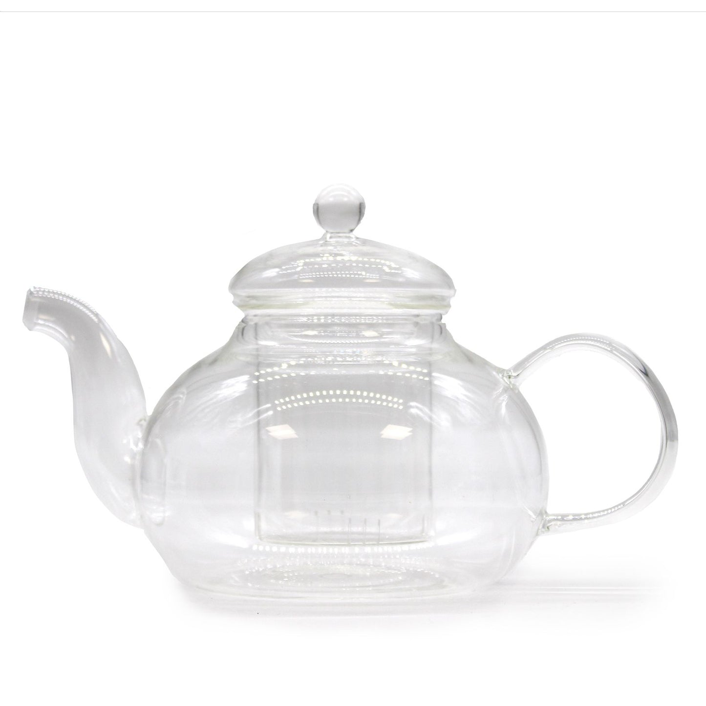 Elegant round glass teapot with a built-in infuser and a pearl-style lid handle, perfect for brewing loose leaf tea.