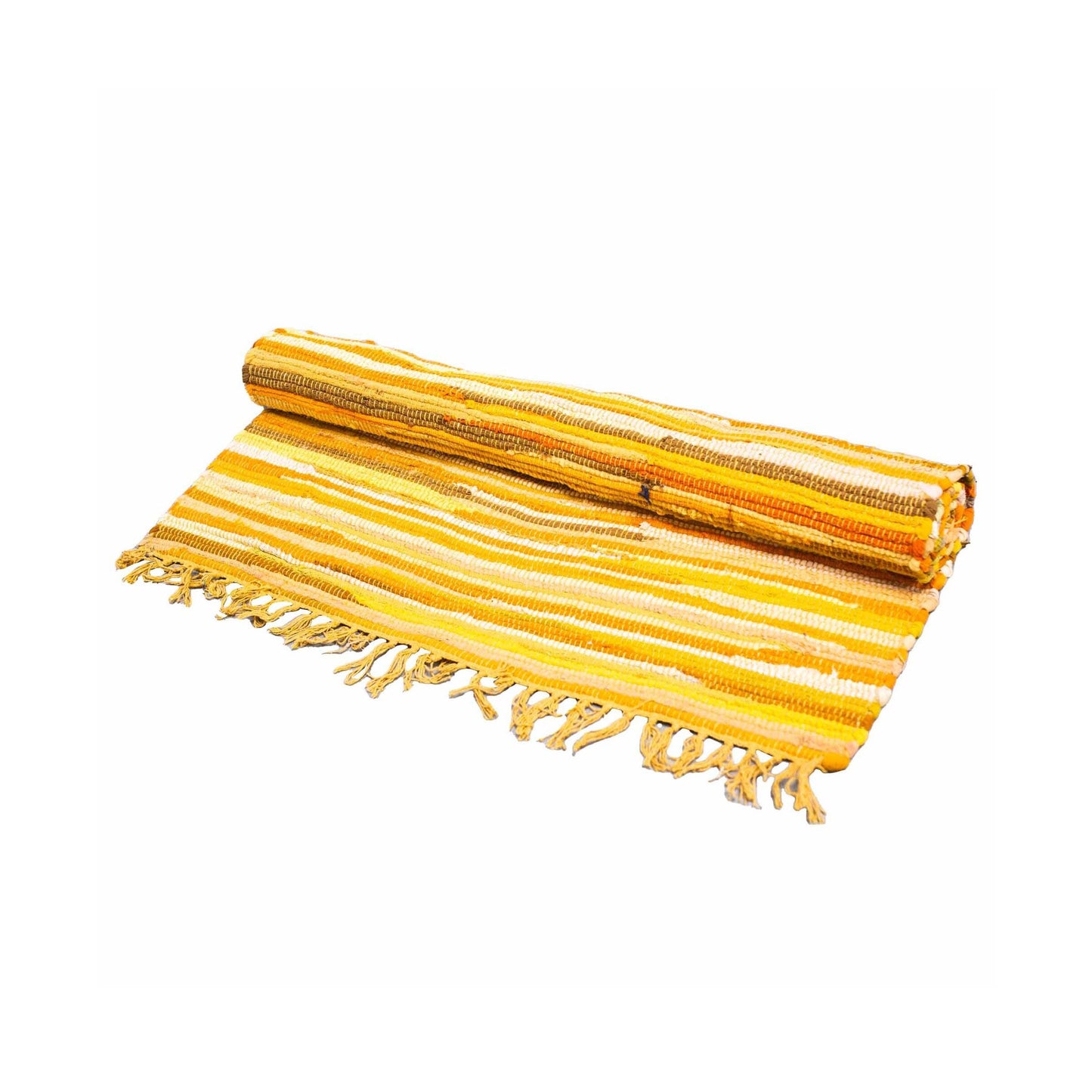 Vibrant sunrise orange hand-woven rag rug with a textured finish and fringe detailing.