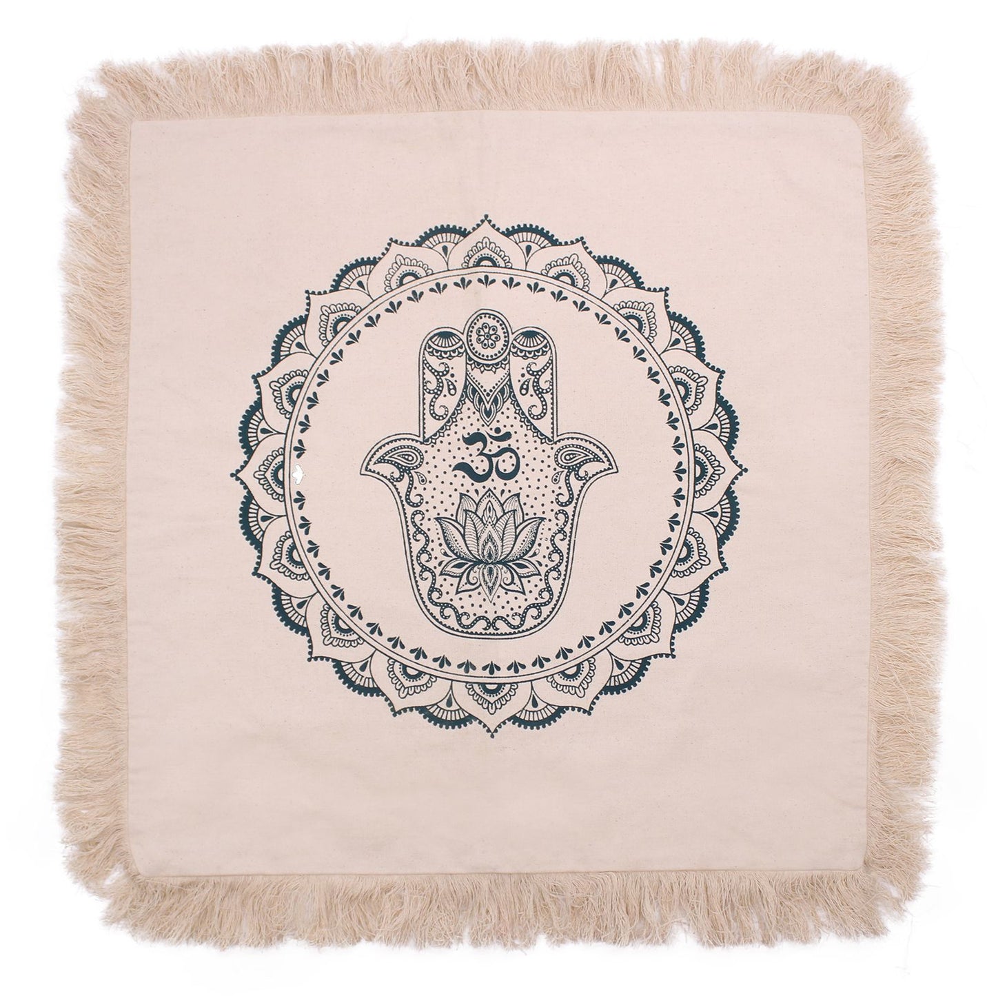 Large green cushion cover featuring an intricate white Hamsa hand and mandala pattern.