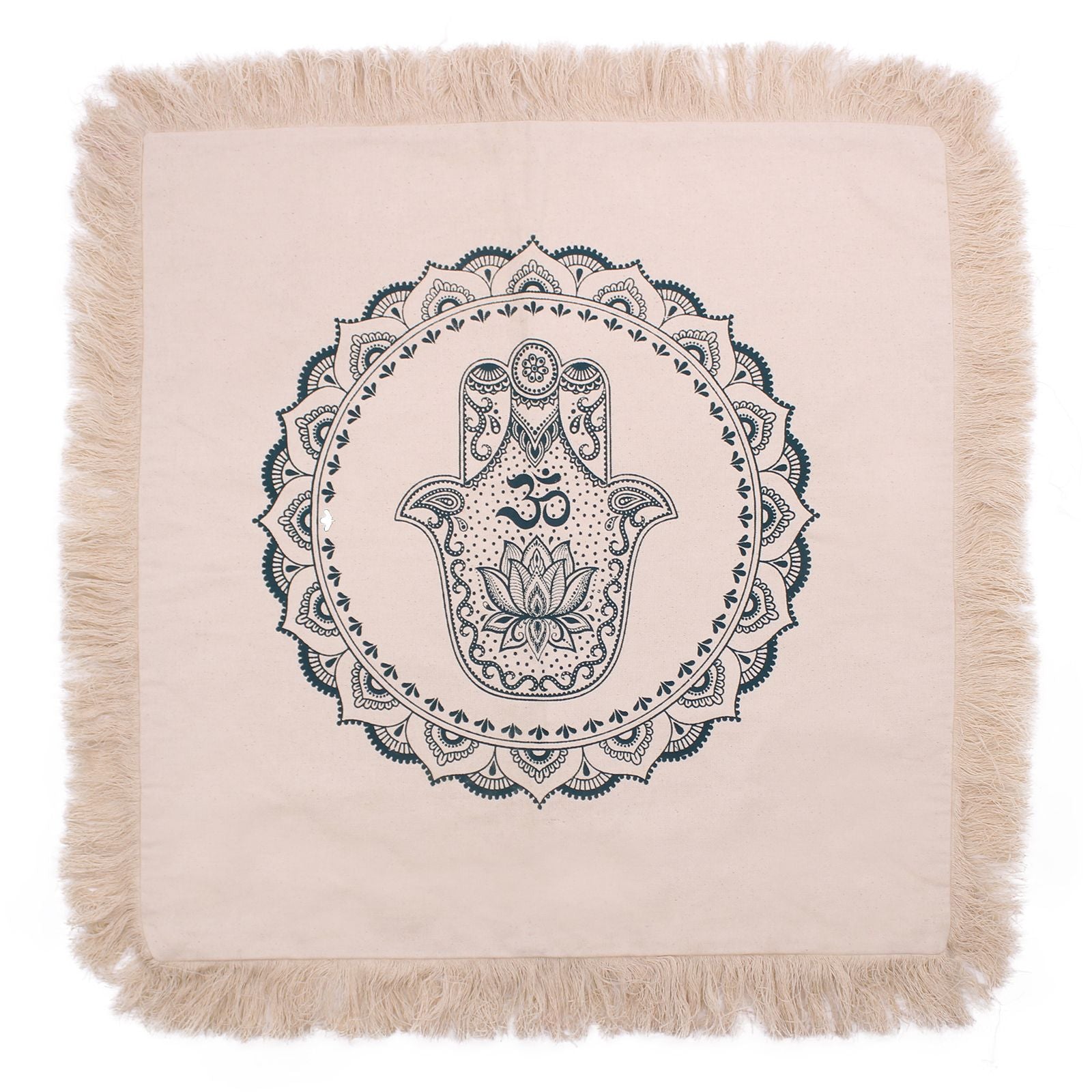 Large green cushion cover featuring an intricate white Hamsa hand and mandala pattern.