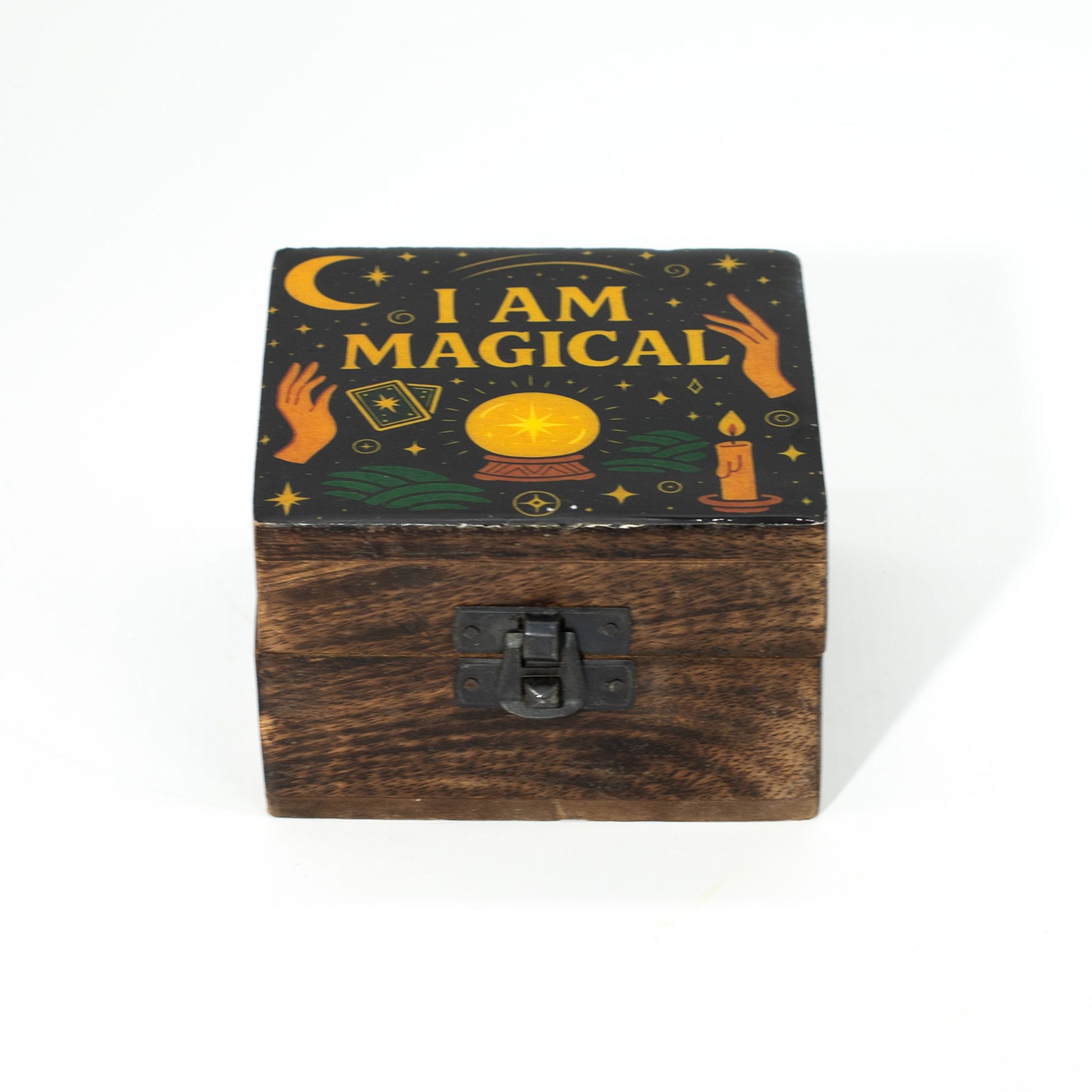 Small mango wood box with a dark blue enamelled lid featuring tarot cards, a crystal ball, and stars.