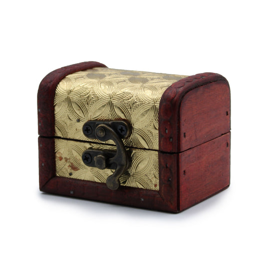 Small gold-toned wooden box with a vintage colonial design and antique-style brass latches.