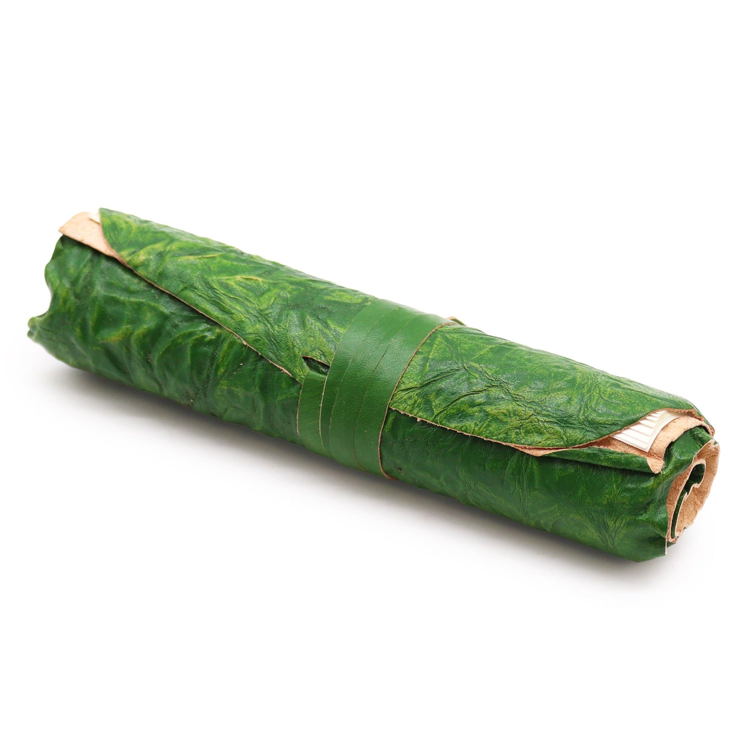 Handcrafted green rolled leather notebook with a vintage design and wrap-around closure.