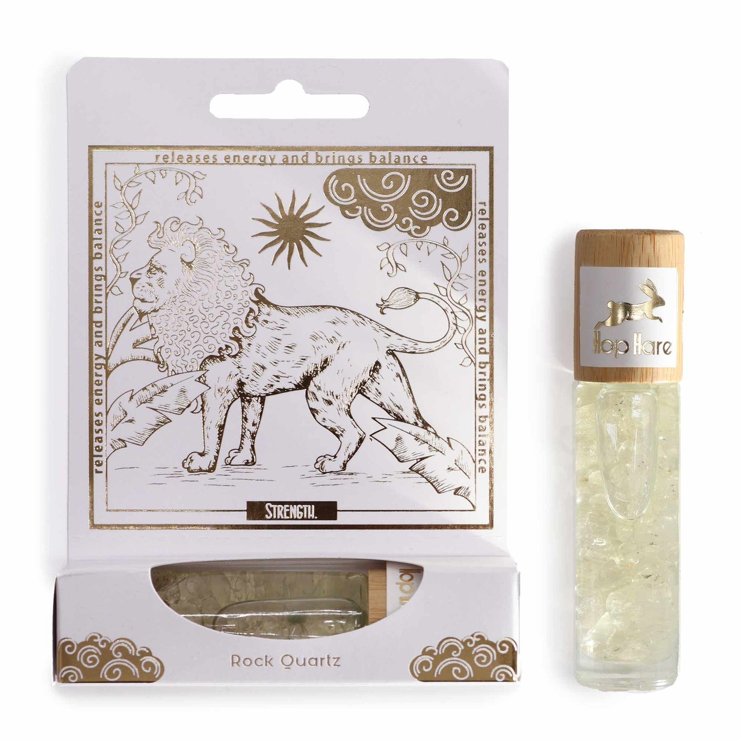 Glass essential oil roll-on bottle with a tarot-inspired lion label and clear Rock Quartz gemstones inside.