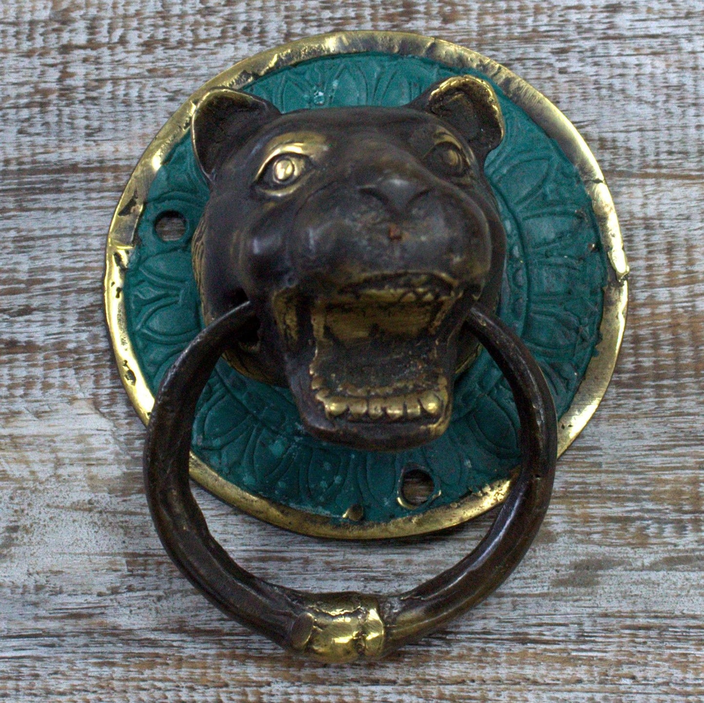 Detailed ornate brass door knocker shaped like a tiger's head with a classic ring in its mouth.