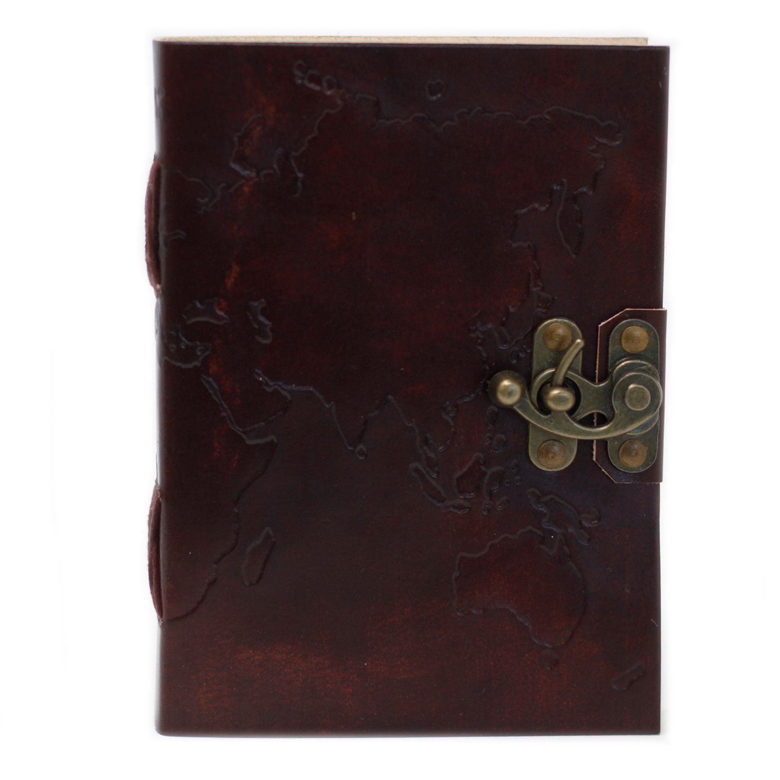 Vintage leather notebook featuring an embossed world map design with decorative stitching and metal clasp closure.