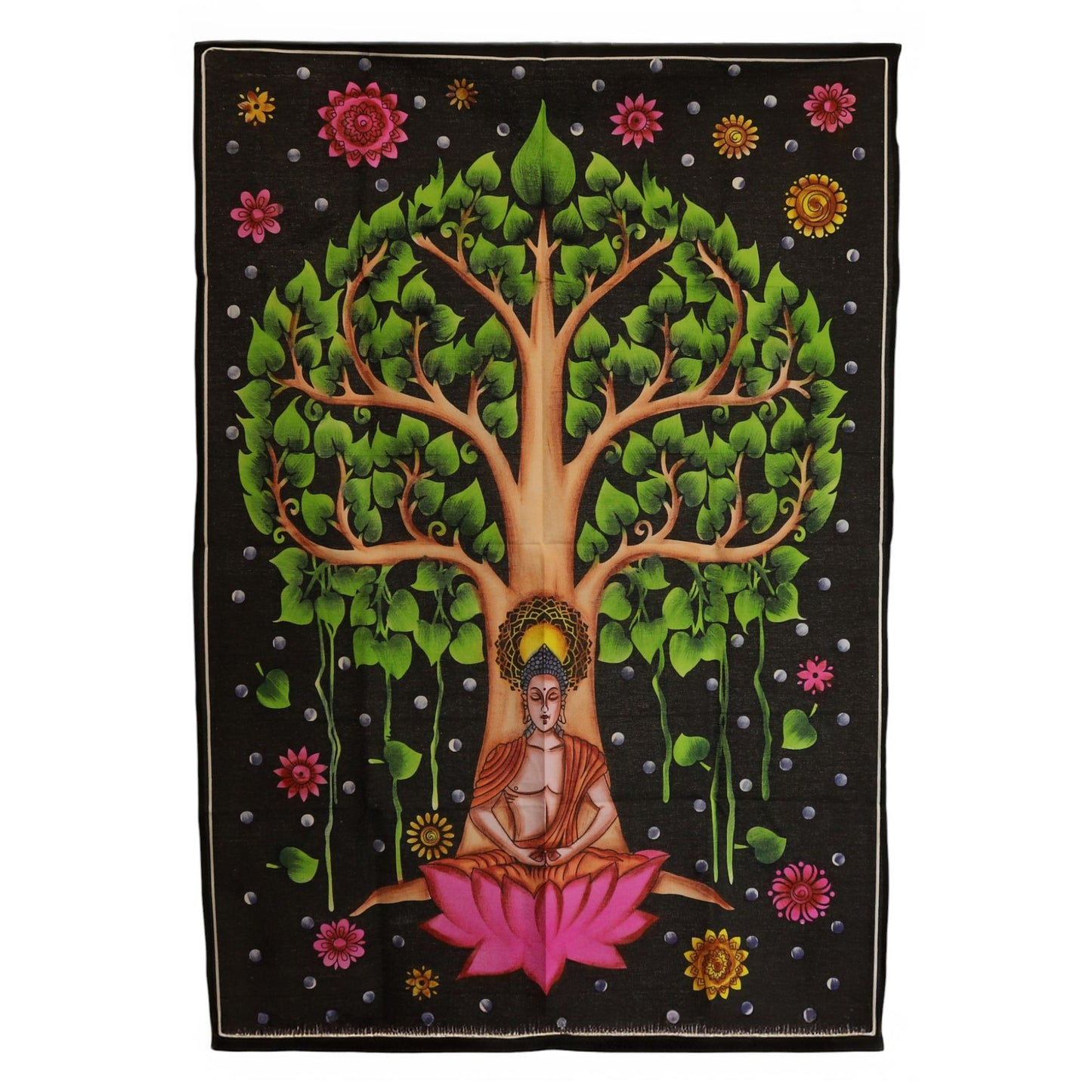 Large cotton wall hanging depicting Buddha seated under a lush green Bodhi tree with vibrant pink and warm earthy tones.