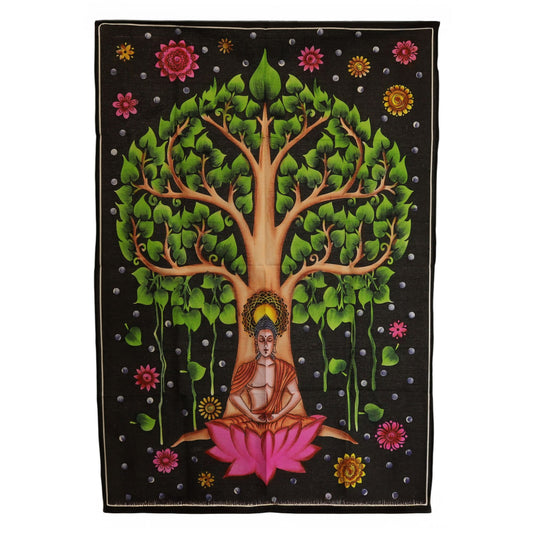 Large cotton wall hanging depicting Buddha seated under a lush green Bodhi tree with vibrant pink and warm earthy tones.