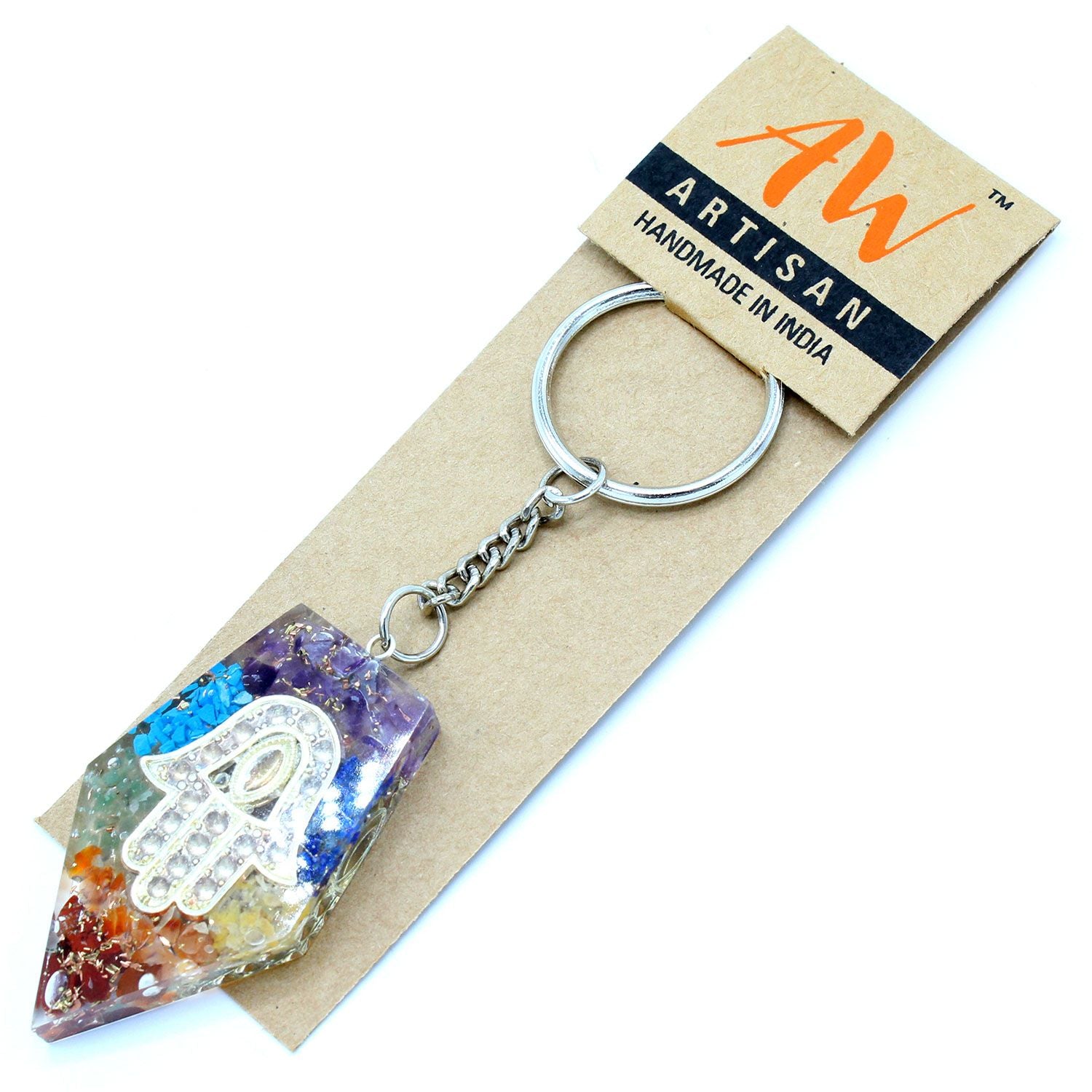 Handcrafted orgonite keyring featuring colorful chakra gemstones and a metallic Hamsa hand symbol embedded in resin.