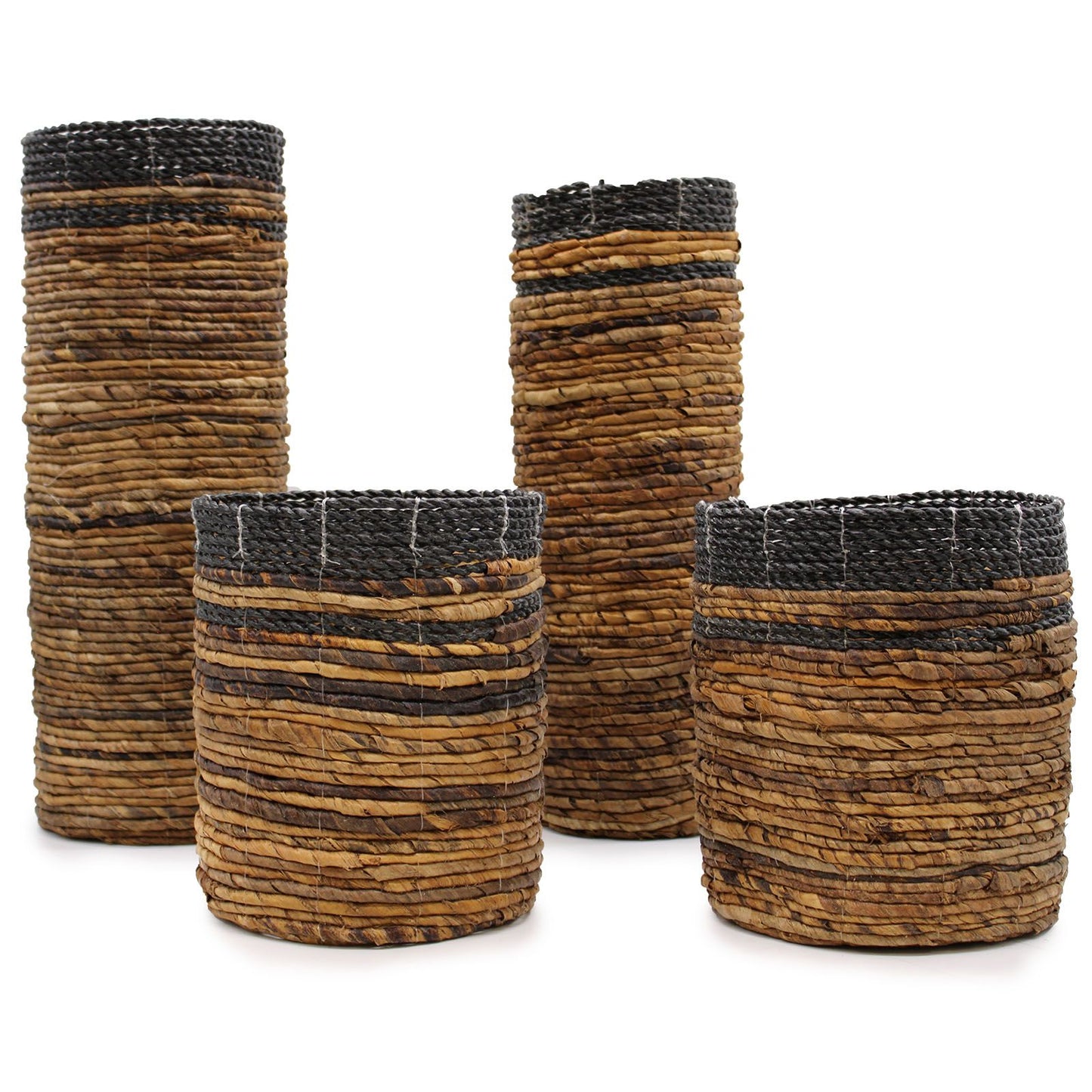 Four-piece woven banana leaf set featuring two tall vases and two matching waste bins with a natural textured finish.