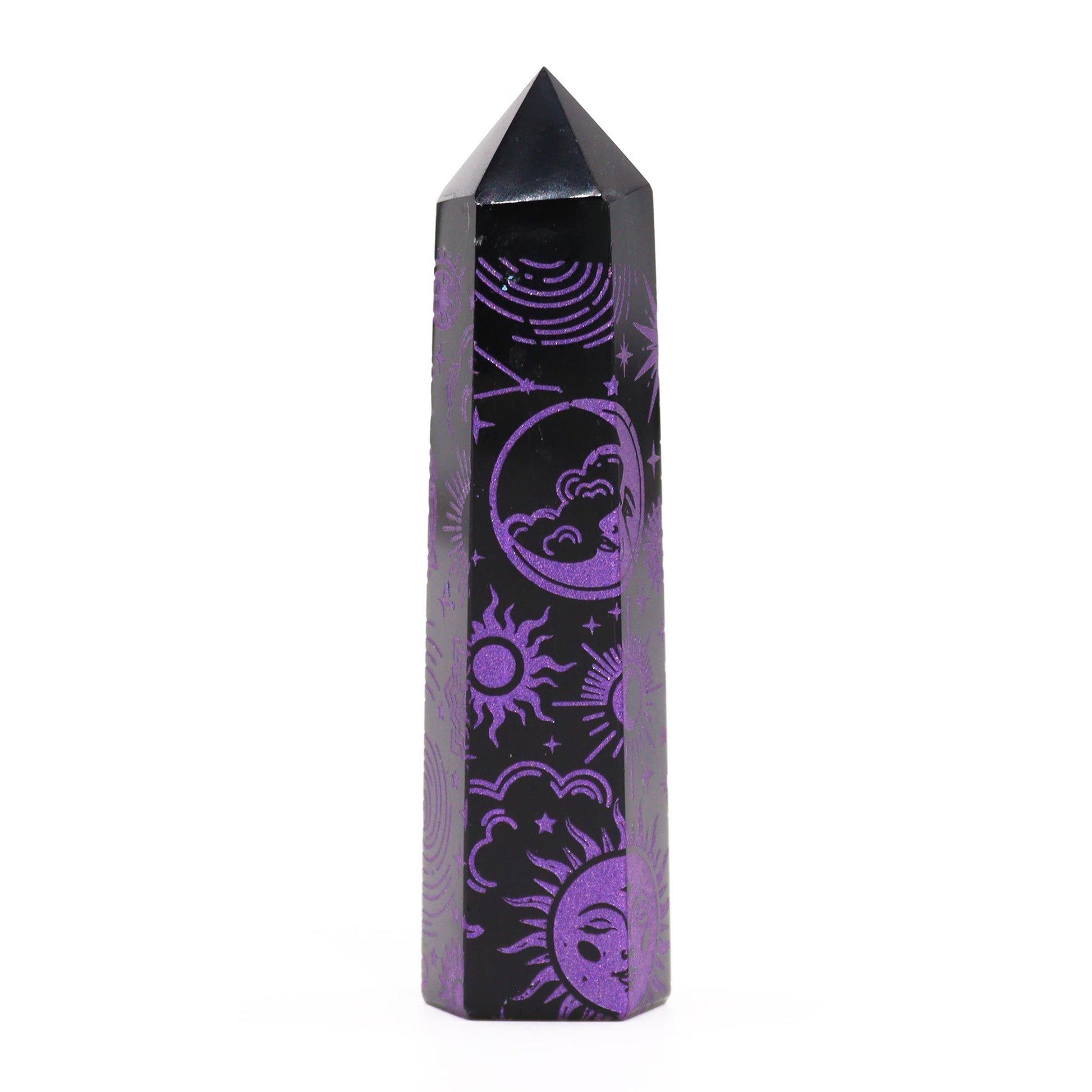 Polished black obsidian crystal point featuring intricate deep purple celestial patterns against a dark background.