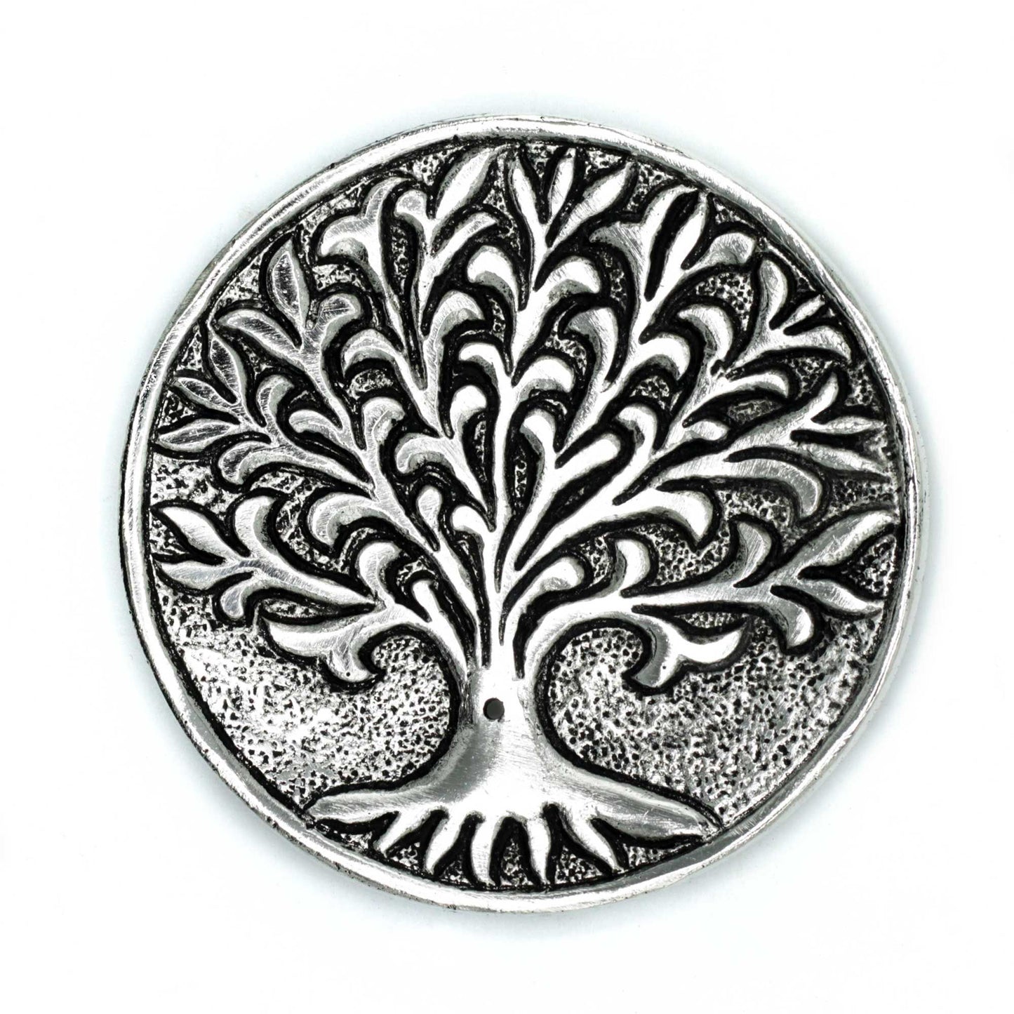 Polished aluminium incense stick holder featuring an intricate Tree of Life silhouette on a round base.