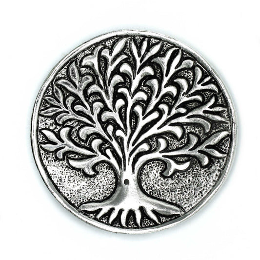 Polished aluminium incense stick holder featuring an intricate Tree of Life silhouette on a round base.