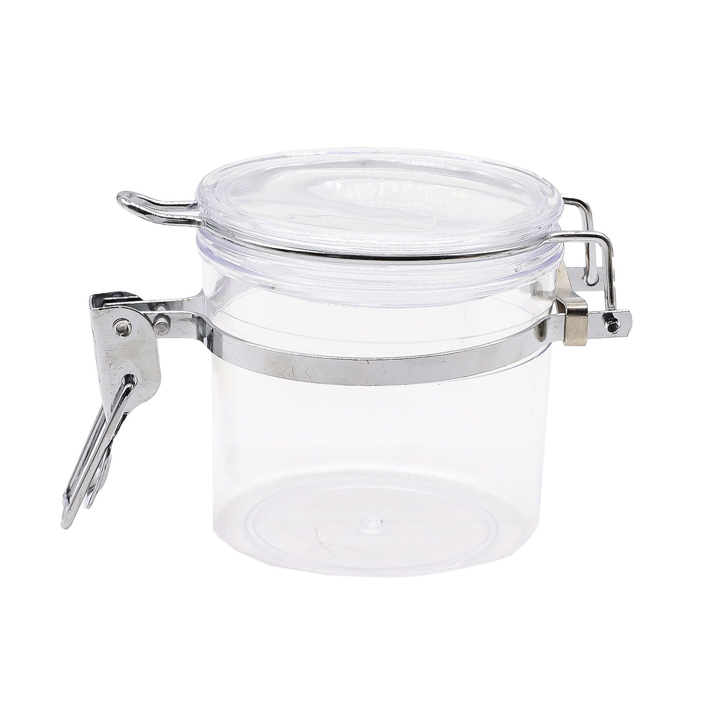 Clear glass storage jar with a secure clip top lid and airtight rubber seal for preserving freshness.