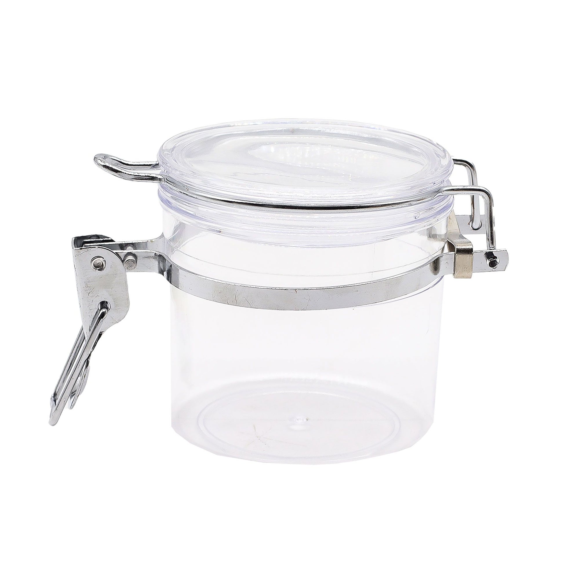 Clear glass storage jar with a secure clip top lid and airtight rubber seal for preserving freshness.