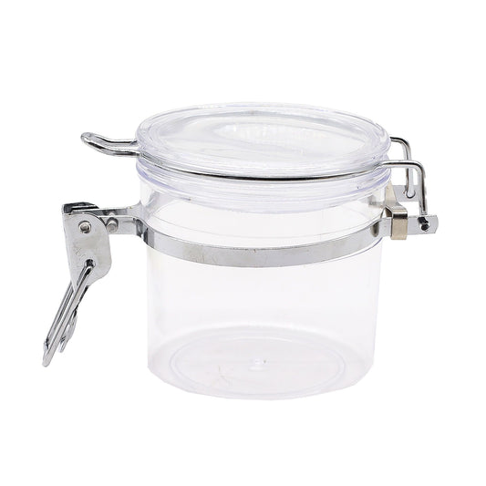 Clear glass storage jar with a secure clip top lid and airtight rubber seal for preserving freshness.