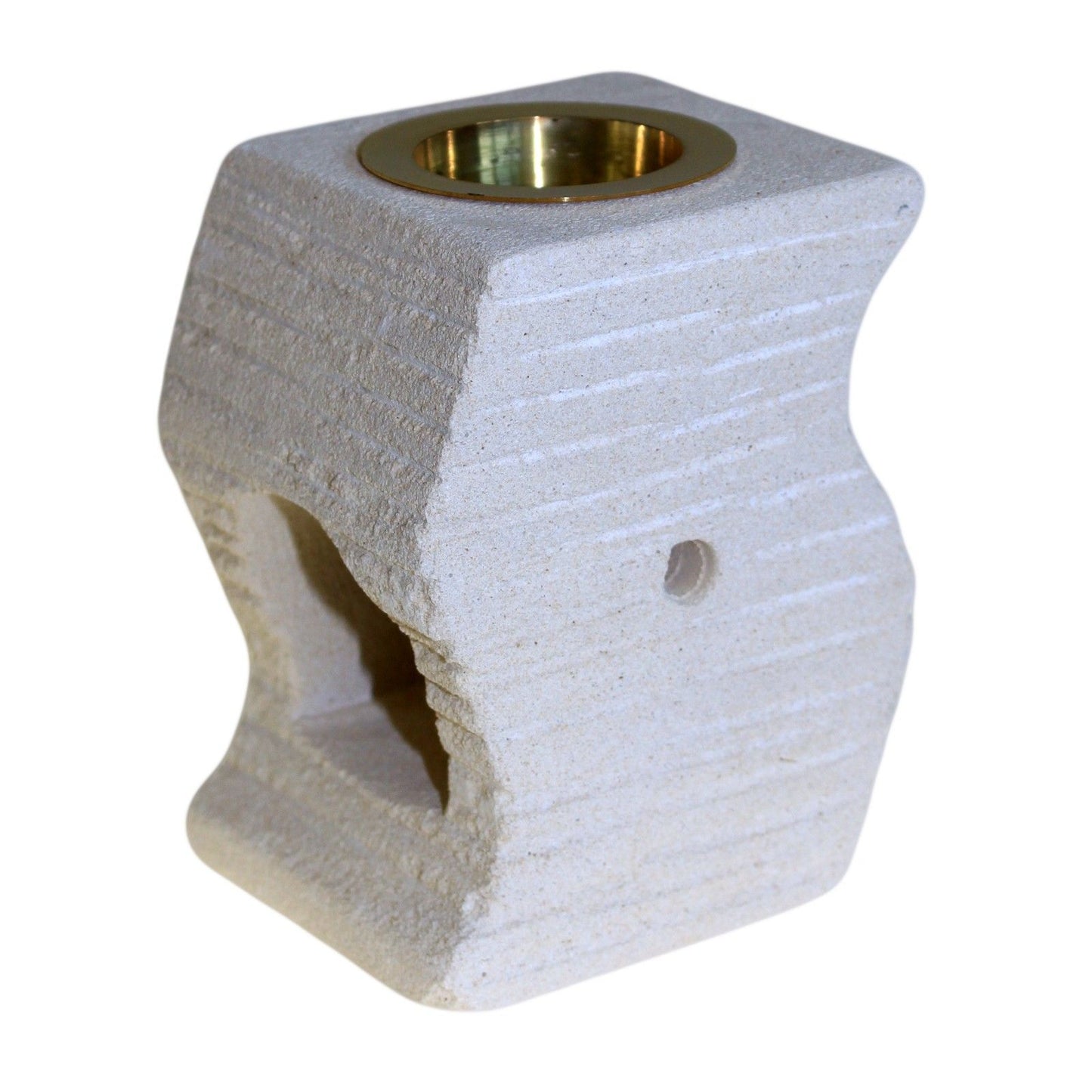 Hand-carved sandstone oil burner with a unique stepped wave design and natural textured finish.