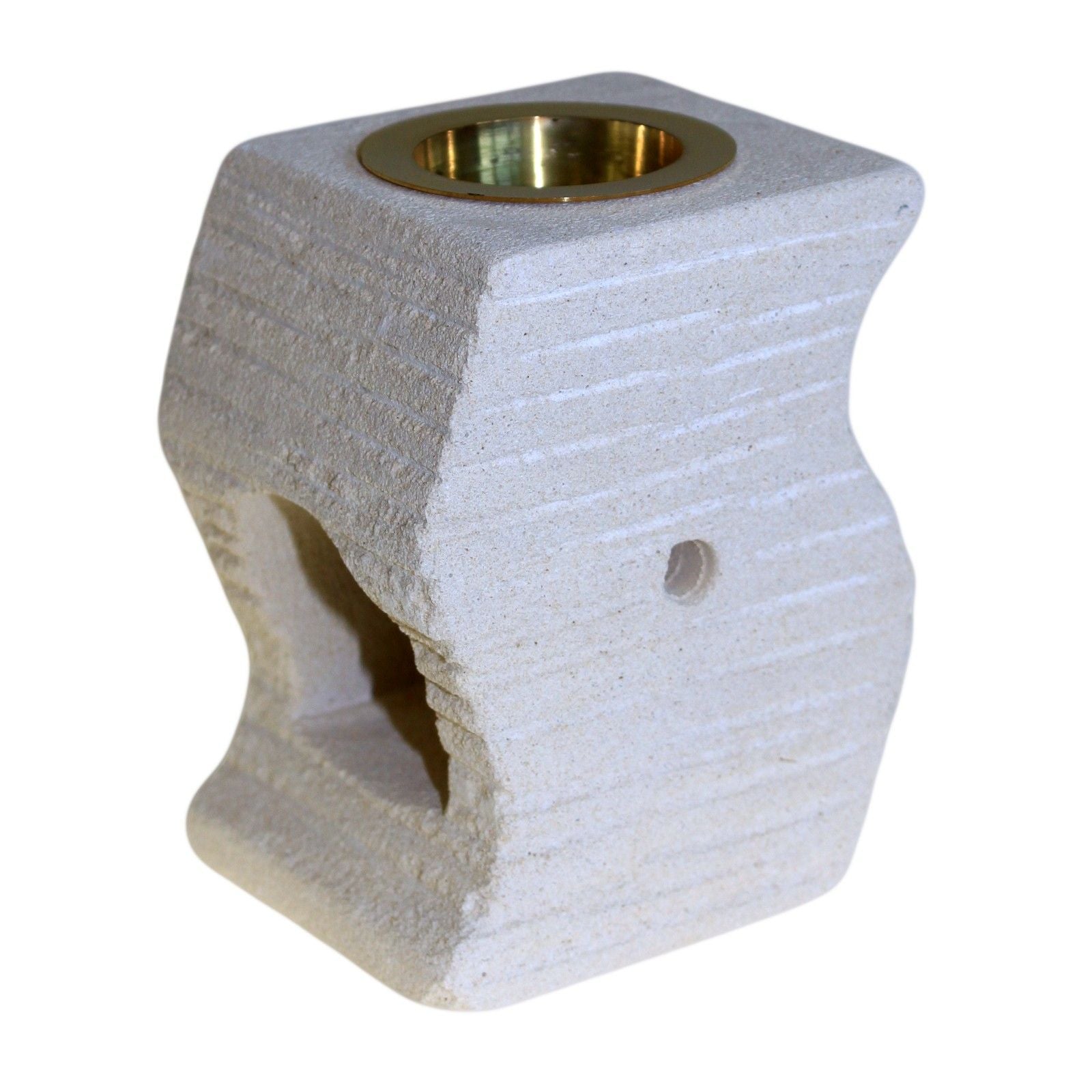 Hand-carved sandstone oil burner with a unique stepped wave design and natural textured finish.