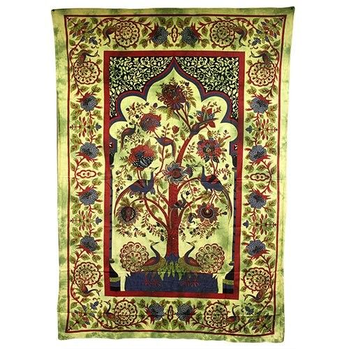 Large green fabric wall hanging featuring an intricate Tree of Life design with sprawling branches and roots.