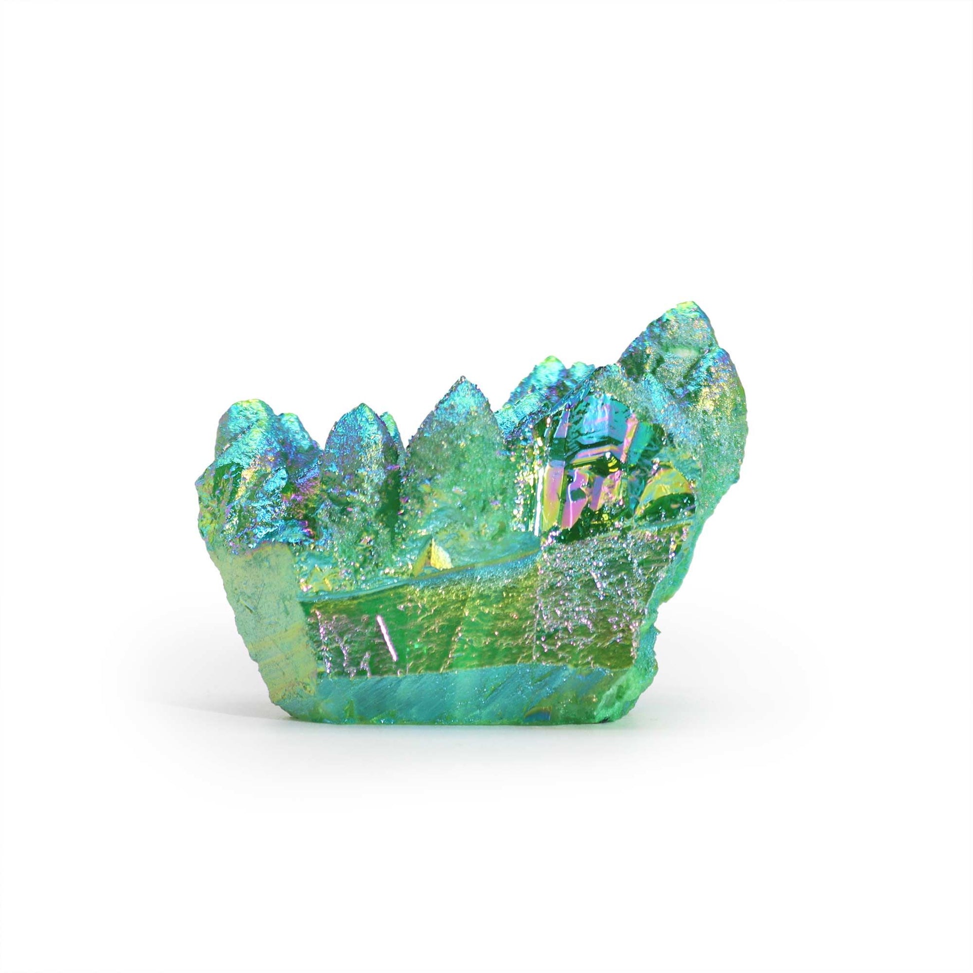 Large medium-sized enhanced quartz crystal with a shimmering aura green flame effect and jagged natural points.