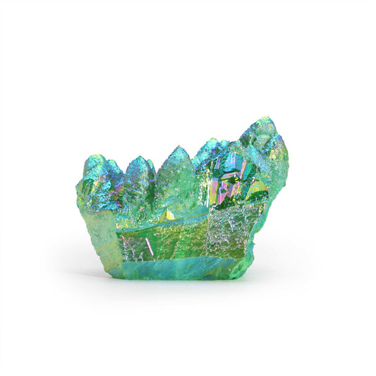 Large medium-sized enhanced quartz crystal with a shimmering aura green flame effect and jagged natural points.