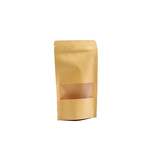 Brown kraft paper bag with a clear rectangular window and resealable grip seal closure.