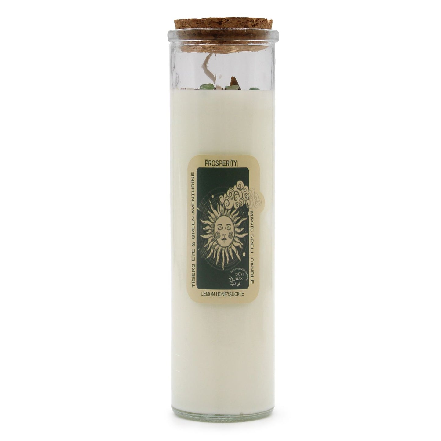 Green soy wax magic spell candle topped with Tiger Eye and Green Aventurine crystals for prosperity and abundance.