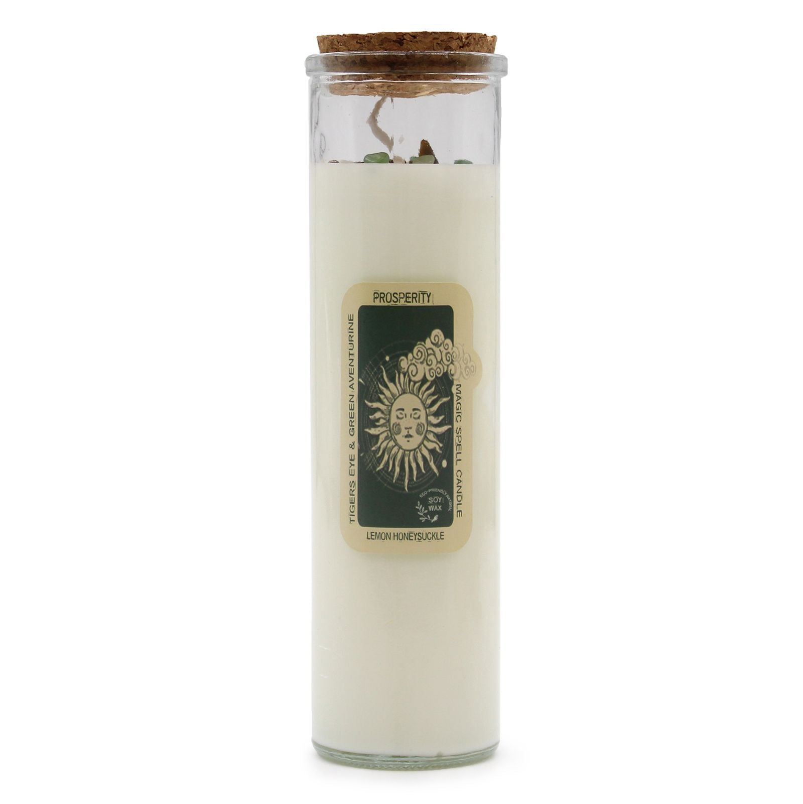 Green soy wax magic spell candle topped with Tiger Eye and Green Aventurine crystals for prosperity and abundance.