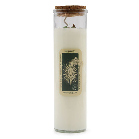 Green soy wax magic spell candle topped with Tiger Eye and Green Aventurine crystals for prosperity and abundance.