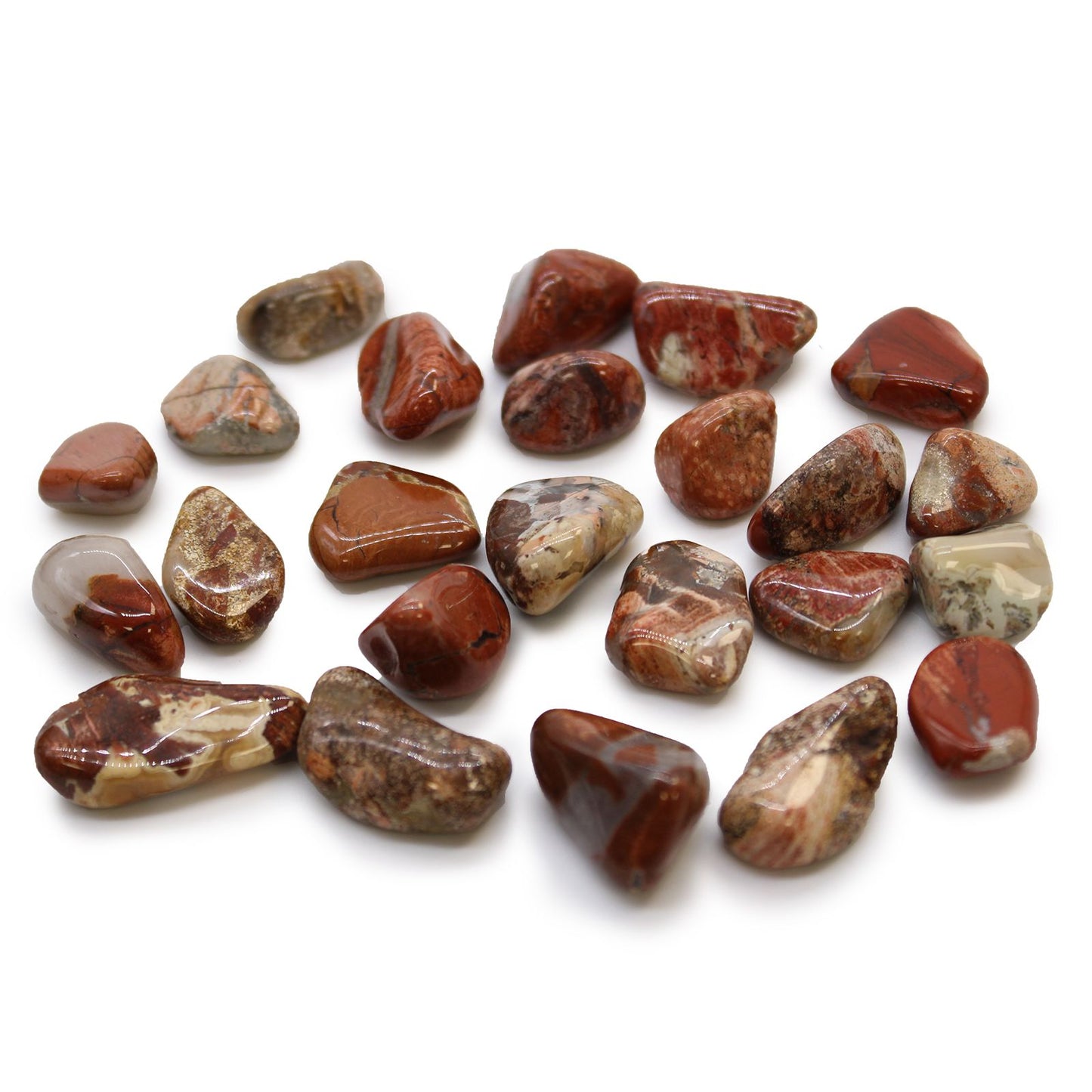 Small polished Brecciated Jasper tumble stones featuring earthy red and grey tones with natural vein patterns.