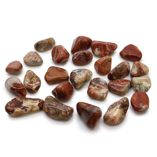 Small polished Brecciated Jasper tumble stones featuring earthy red and grey tones with natural vein patterns.