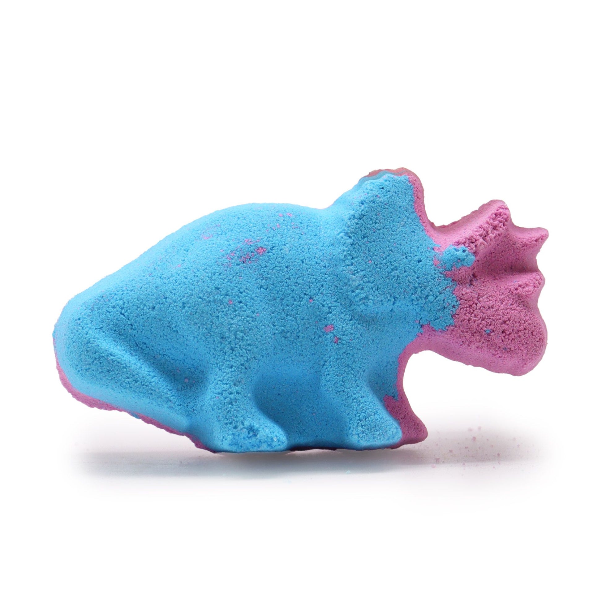 Fun dinosaur-shaped bath bomb in a vibrant colour, designed for kids with a foaming blueberry scent.