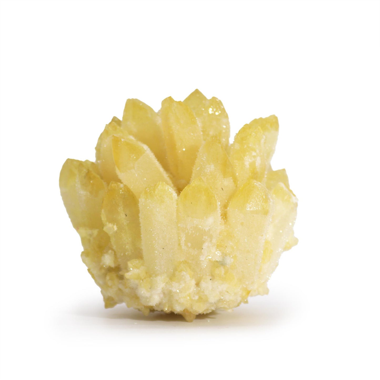 Natural quartz crystal cluster featuring translucent points with distinct yellow phantom inclusions.