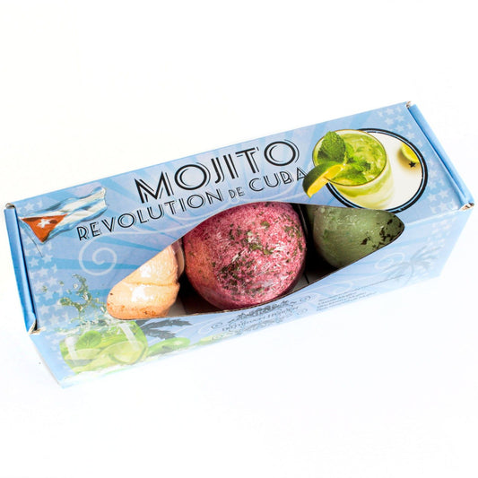 Gift set containing three round light green bath bombs with a textured surface reminiscent of a Mojito cocktail.