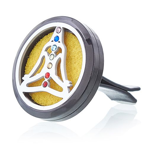Detailed pewter car aromatherapy locket featuring a yoga chakra design with a vent clip and reusable felt pad.