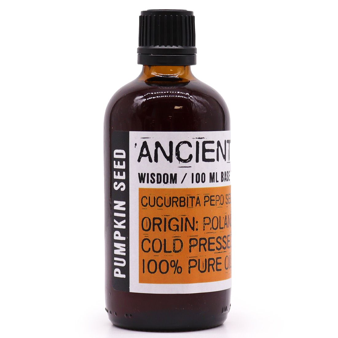 Clear glass bottle of 100ml pumpkin seed carrier oil with a natural amber hue.