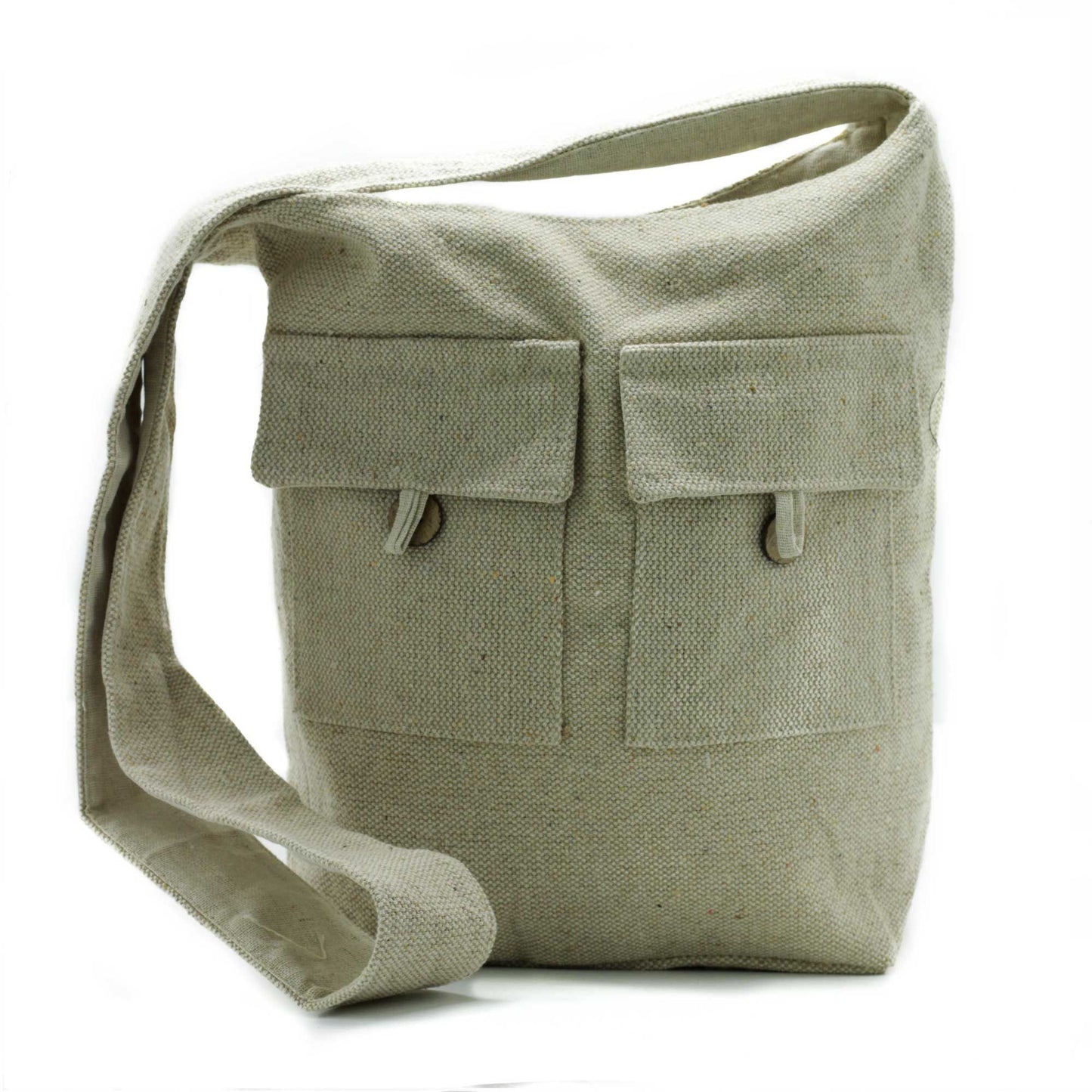 Large natural-coloured cotton canvas tote bag featuring a functional two-pocket design and durable handles.