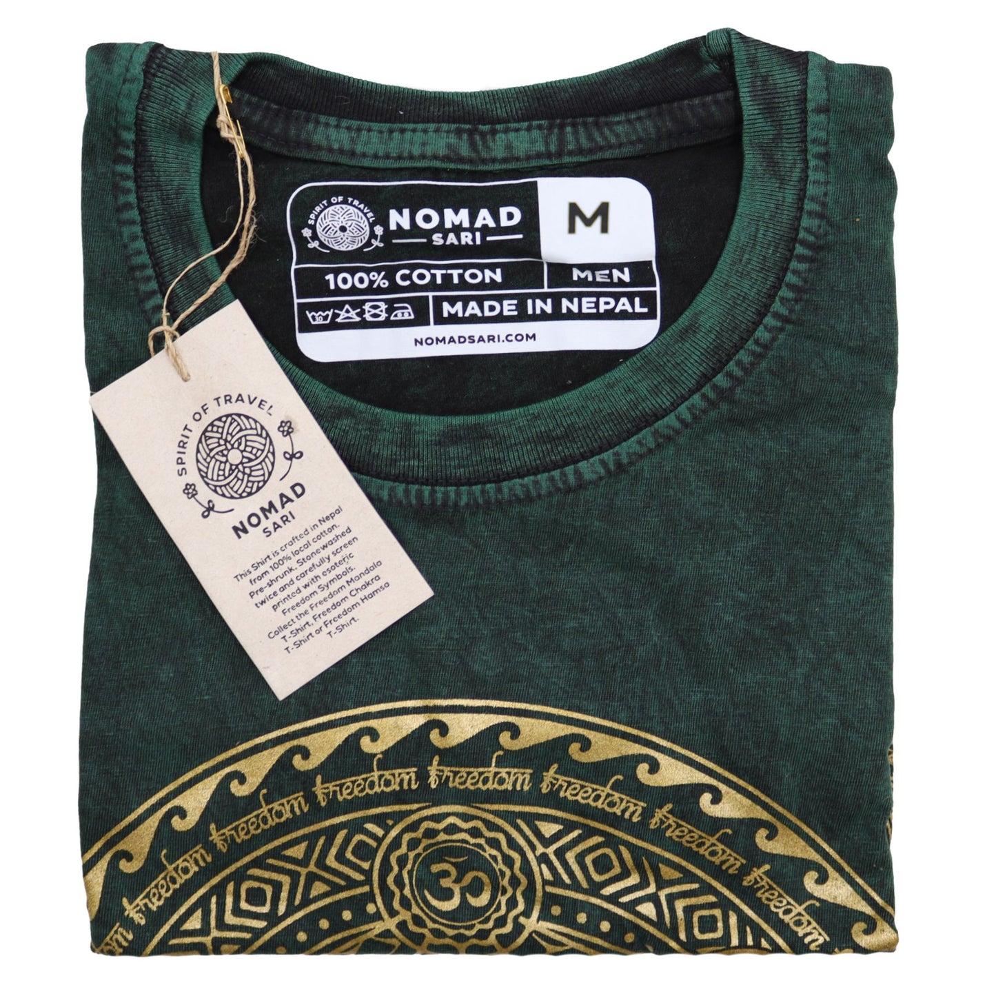 Medium green stonewashed t-shirt featuring a central chakra symbol design in a relaxed boho style.