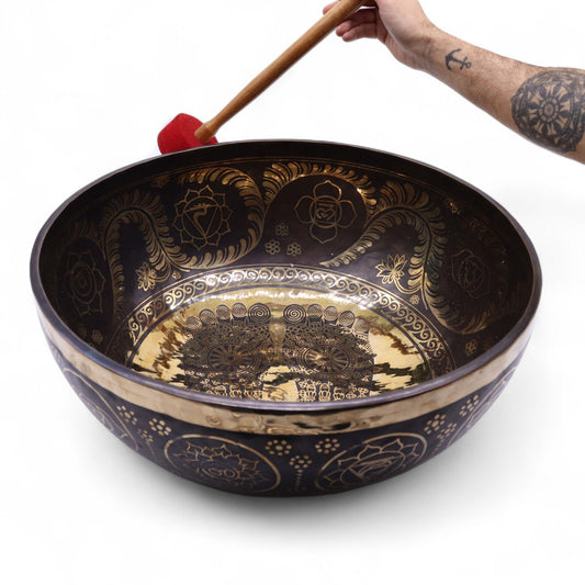 Large hand-engraved metal standing bowl with a wide 50cm diameter designed for sound healing practitioners.