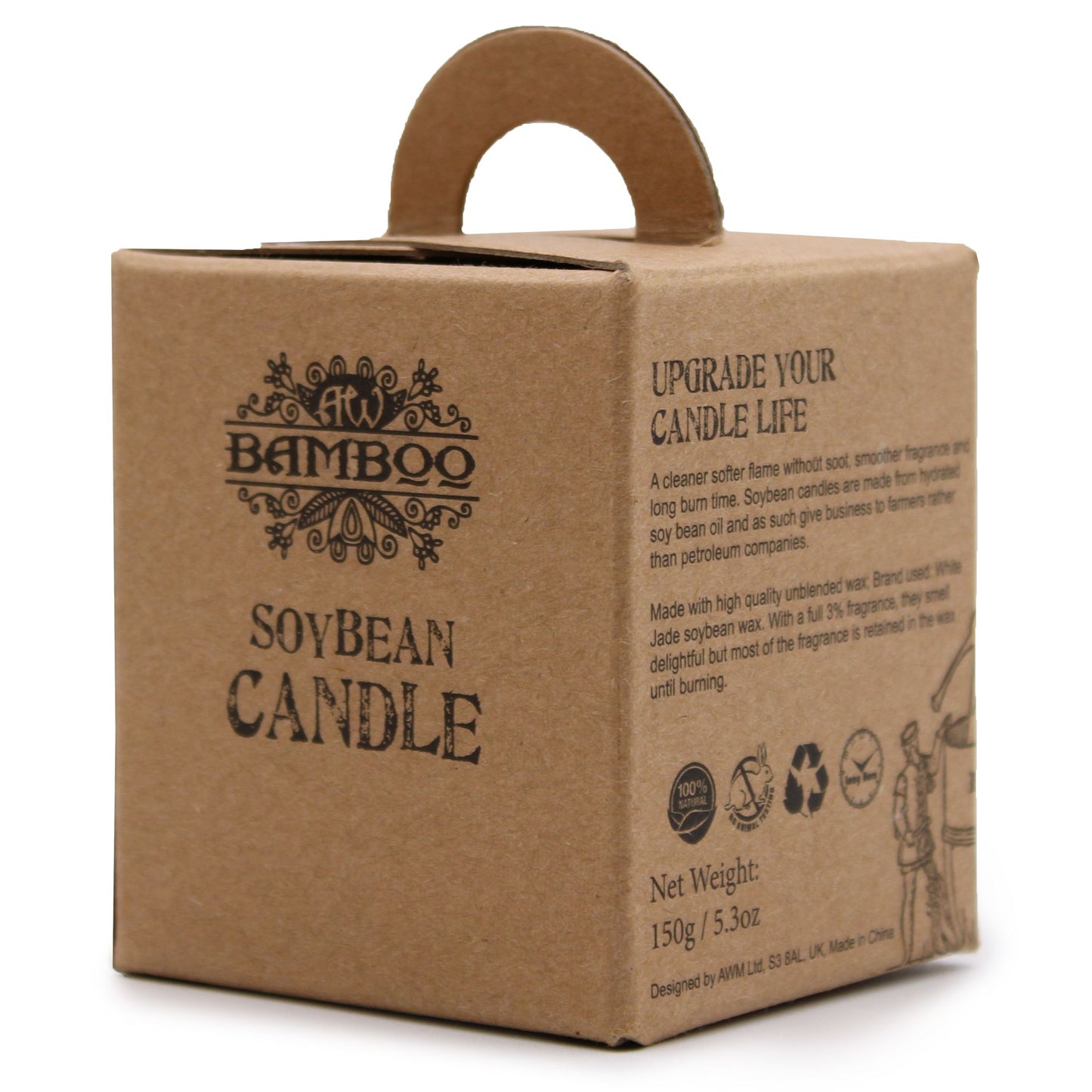Pomegranate and orange scented soybean wax candle in a chunky recycled glass jar with a decorative dust cover.