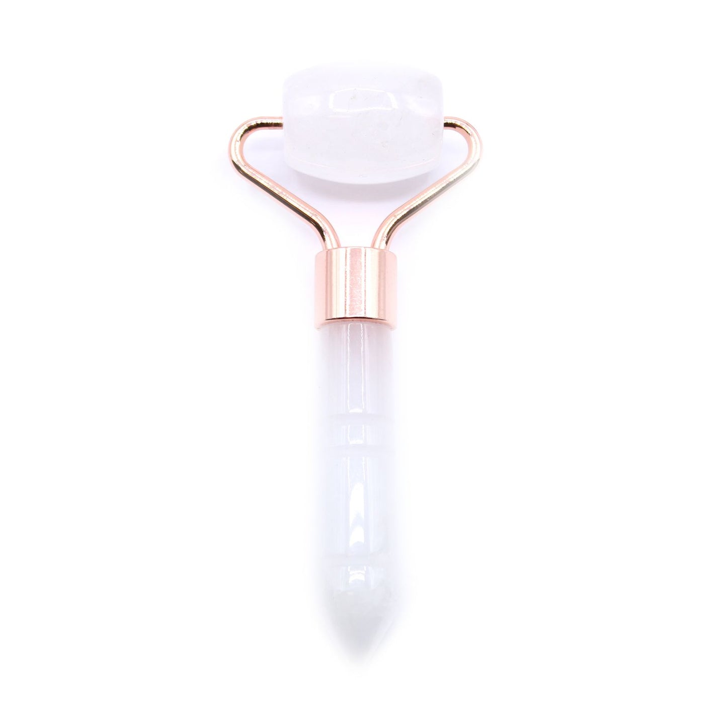 Small clear rock quartz gemstone face roller with a silver-toned metal frame and a smooth polished crystal head.